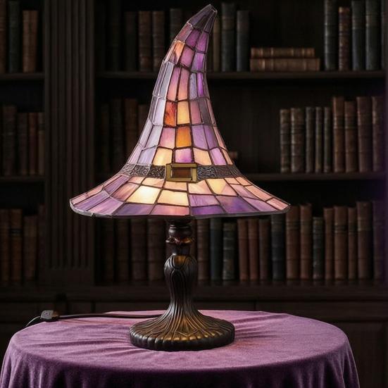 Yousheng Buntglas Hexenhut Lampe, USB-betriebenes Nachtlicht, Handgefertigte Harz-Buntglas Schreibtischlampe, Halloween Gothic Dekor für Schlafzimmer