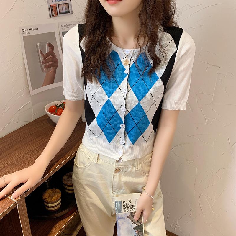 

Кардиган с короткими рукавами и маленькое пальто для женщин, летний новый стиль, ретро-стиль колледжа, контрастный ромбовидный тонкий вязаный короткий топ One size