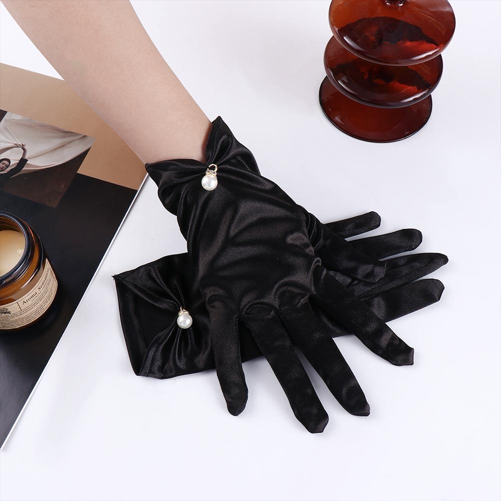 Satin Performance Five Finger Full Finger Gloves Pearl Women Wedding Gloves Korean Driving Mittens