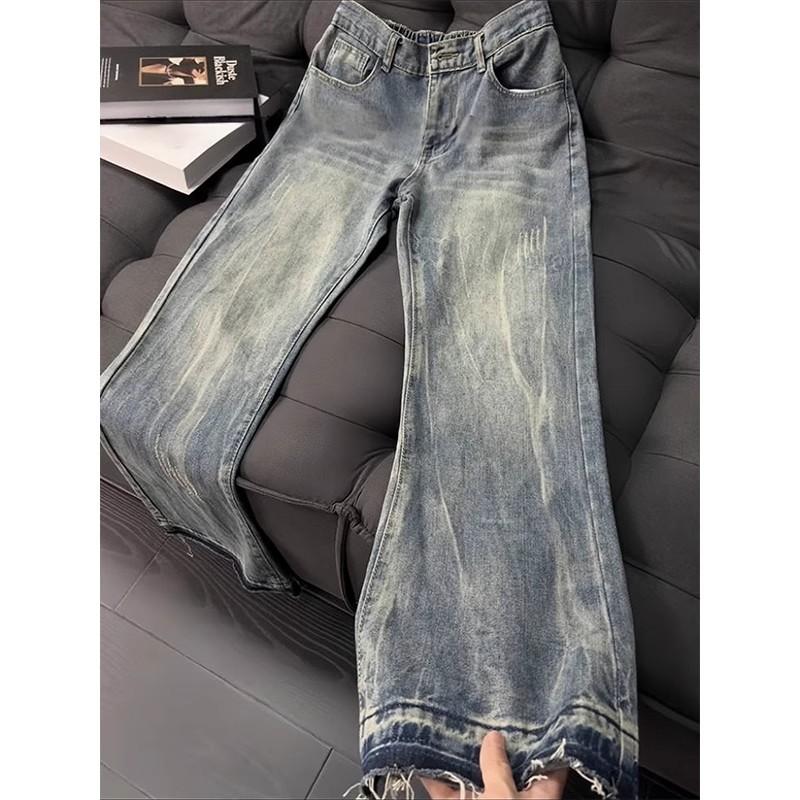 Retro blue lightning pattern jeans men's summer American high street vibe pants cleanfit straight micro-pull pants