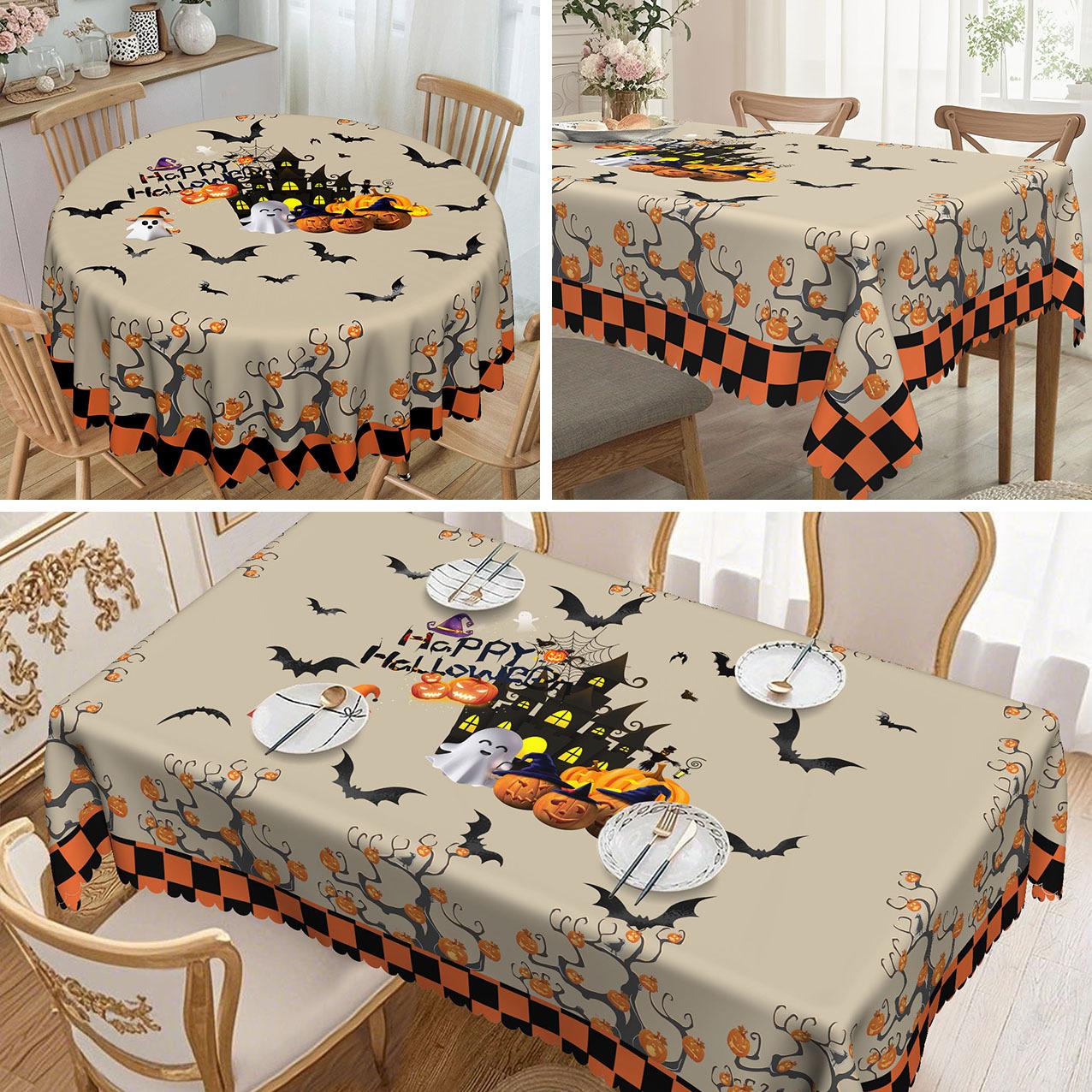 

Halloween-Themed Tablecloth, Pumpkin, Bat And Haunted House Motifs, Orange Checkered, Round And Rectangular Tablecloths round tablecloth-152x152cm