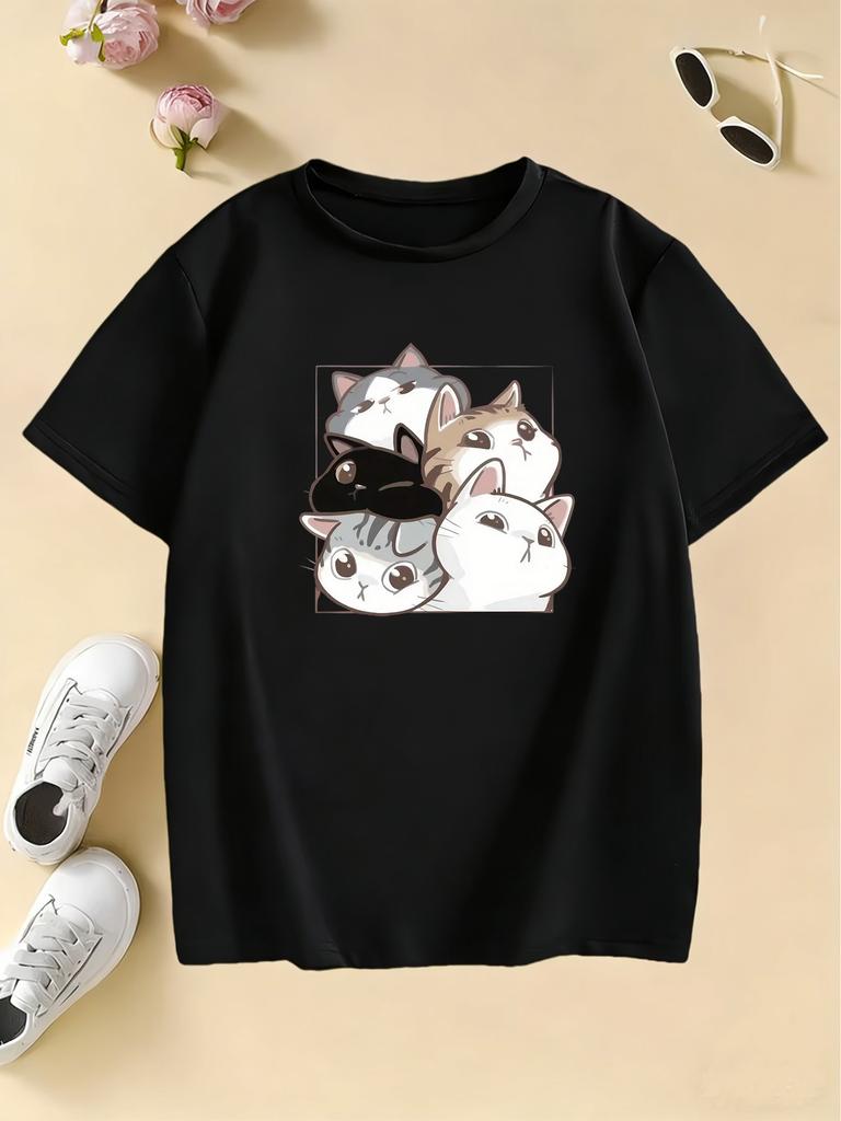Y2K Cute Cat Graphic Kids Tshirts Summer Short Sleeve Tees Cartoon Animal Boys Girls Clothes Kawaii Kitten Tops Tshirt