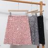 Sexy Skirt High Waist Hip Wrapped Solid Color Shiny Sequins Decor Mini Skirt Leisure Beach Travel Party Wear