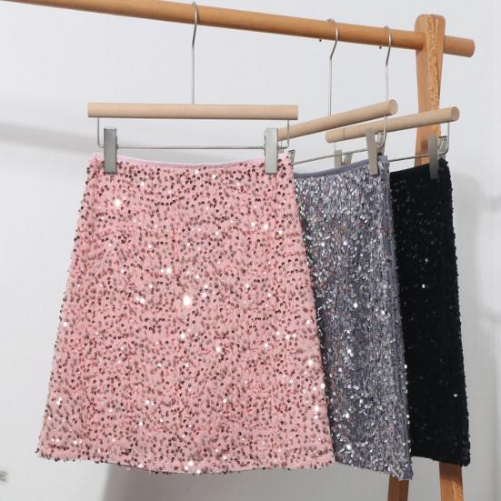 Sexy Skirt High Waist Hip Wrapped Solid Color Shiny Sequins Decor Mini Skirt Leisure Beach Travel Party Wear
