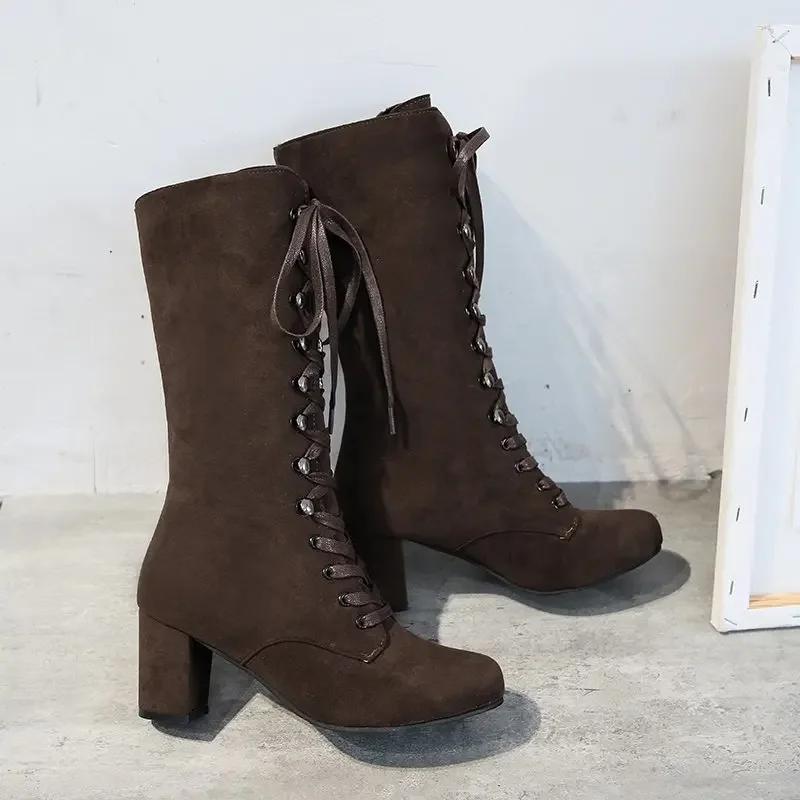 Winter Women Boots Shoes Fashion Vintage Lace-up Boots Women Round Cowboy High Heels Booties Shoes Woman Botas Mujer