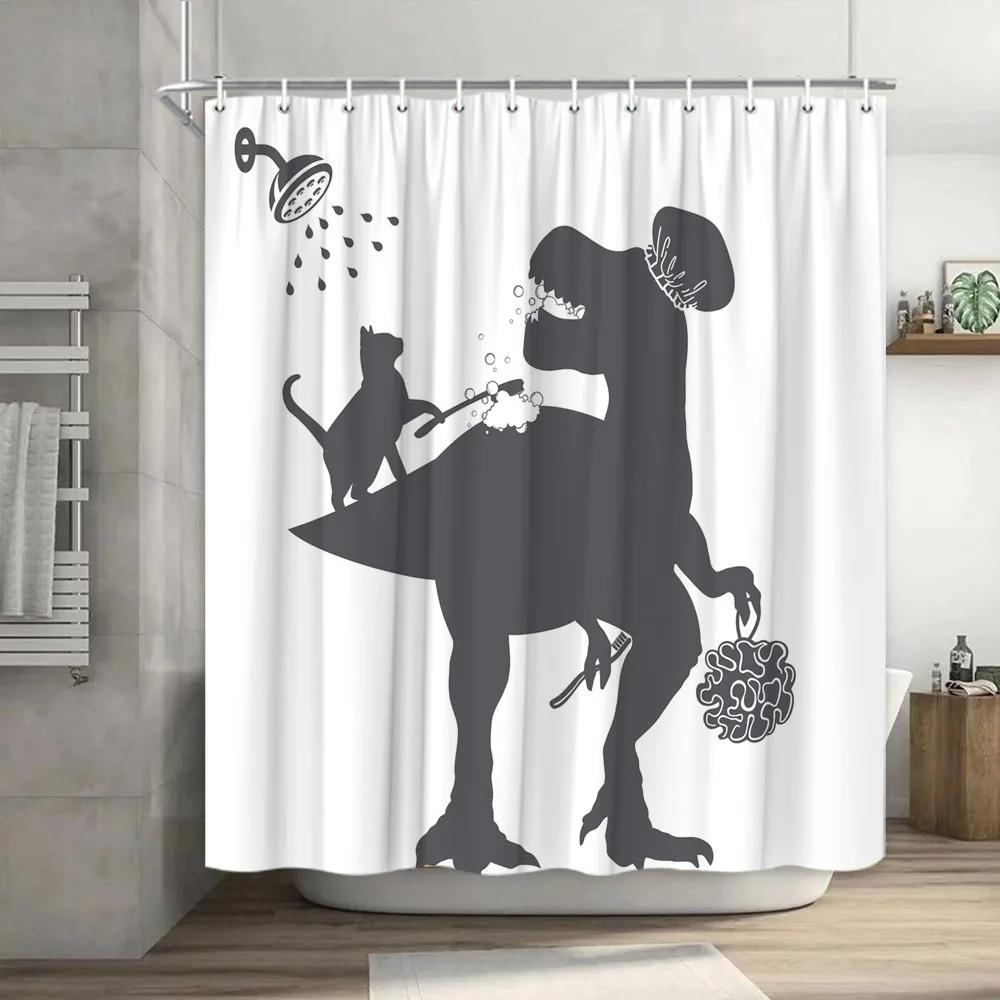 Funny Cat Shower Curtain, Cool Cat Dinosaur Japanese Ocean Wave Decor Fabric Bathroom Curtains, Kids Rustic Wooden Bath Curtain