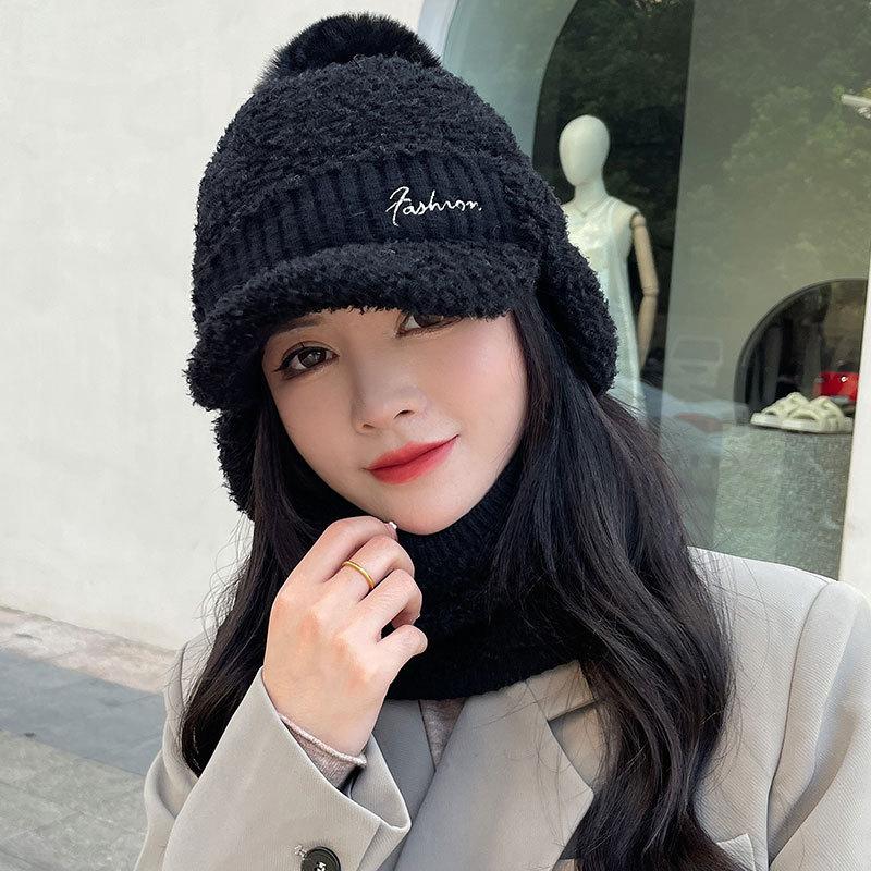 Letter Embroidery Plush Ear Protector Cap Women's Autumn and Winter Scarf Cover Cycling Warm Skiing Knitted Wool Cap