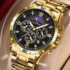 New Mens Watch Gold Dial Multi Functional Quartz Movement Stainless Steel Waterproof Timing Men Business Watch Reloj Hombre