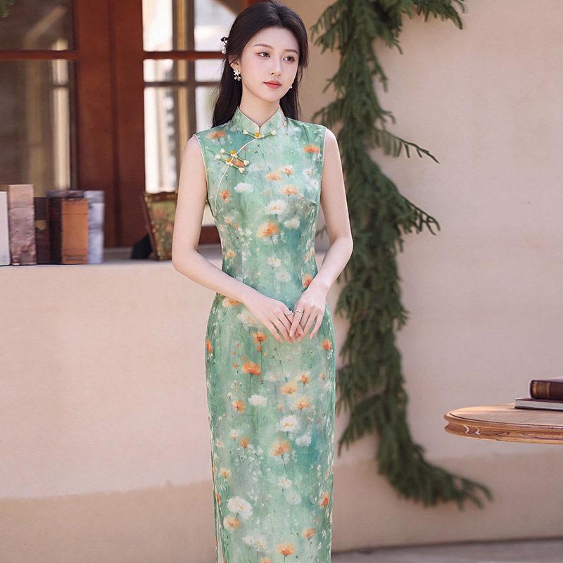 Green sleeveless national style new Chinese Suzhou long cheongsam improved young 1011 new women's high sense summer