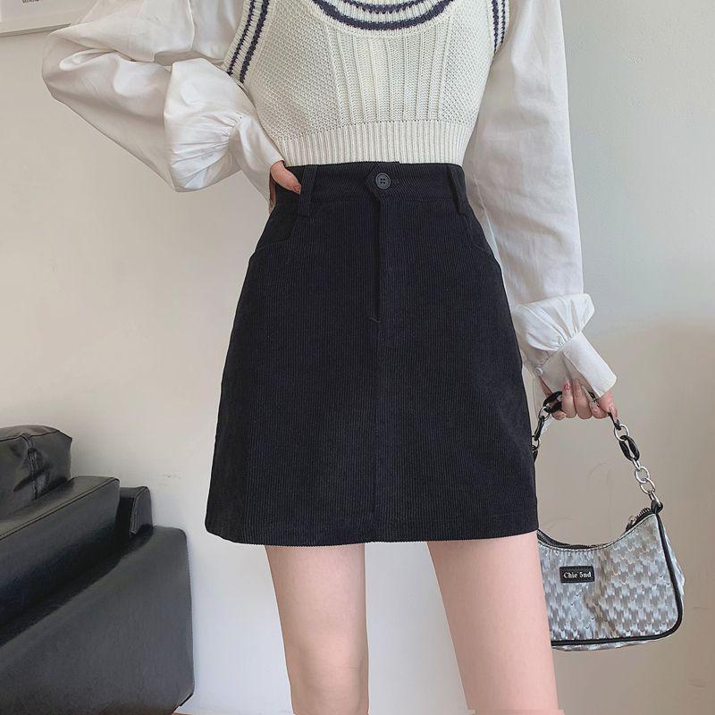2024 Spring/Summer Retro Corduroy High-Waisted A-Line Midi Mini Hip Wrap Skirt for Women