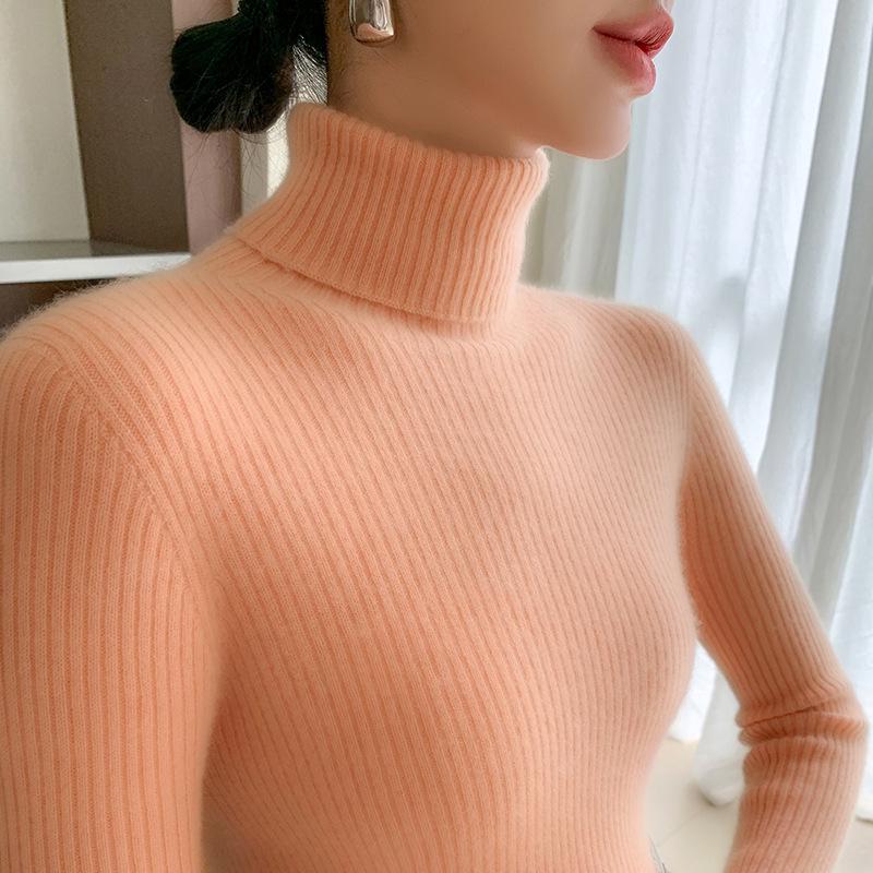 Women's High Neck Cashmere Ribbed Sweater - Slimming, Versatile Knitwear for Autumn and Winter