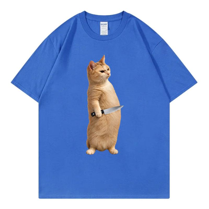 Funny Cat With Knife Meme Tshirt Unisex Unisex Clothing High Street Fashion Trend Tshirts Summer Casual Loose Short Sleeve T Shirt