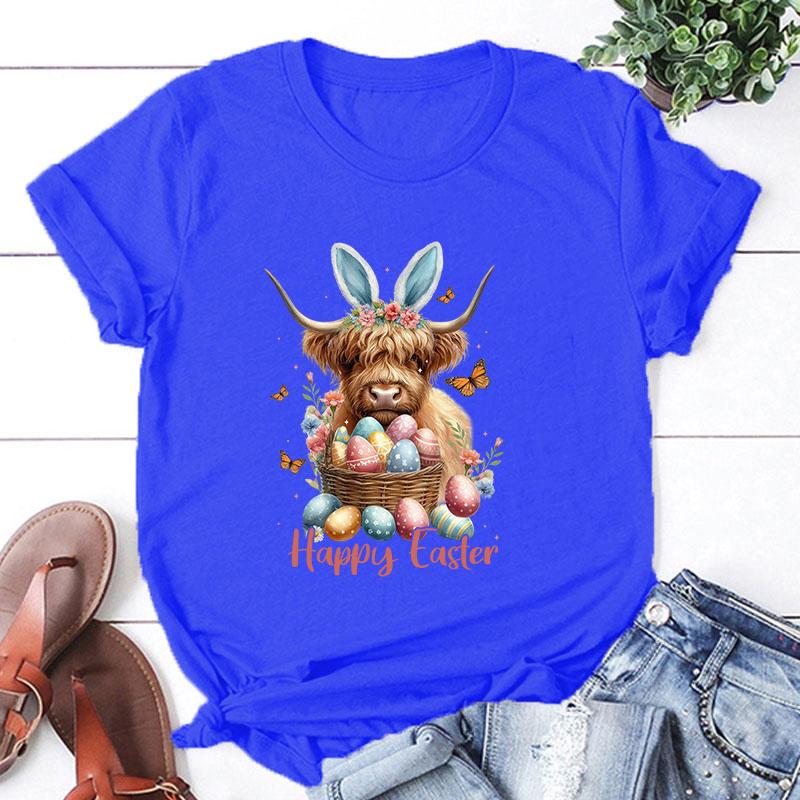 Hot Easter Day Unisex Short Sleeve Cow Happy Easter Print T Shirts Women Causal Harajuku Tops Funny T Shirt