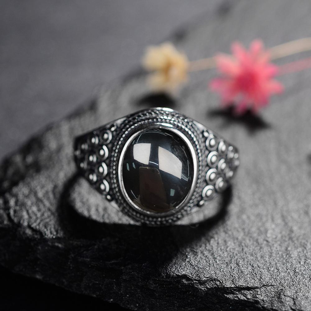 S Silver Ring for Women Oval Round Natural Black Agate Ring Gift Sun Shaped Retro Luxury Fine
