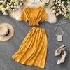 Solid Color Home Wear Women's V-neck Short-sleeved Pleated Blouse + High-waisted Slimming Single-breasted Skirt Pajamas
