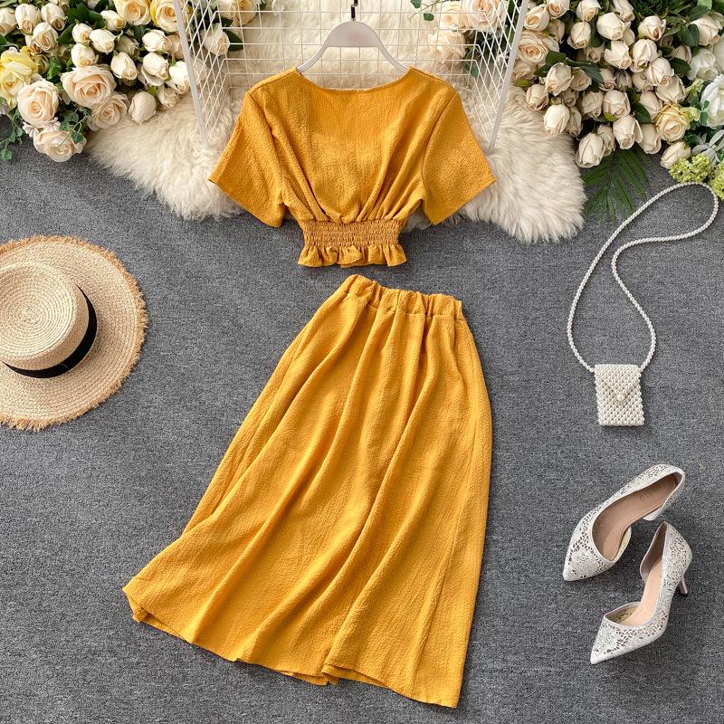 Solid Color Home Wear Women's V-neck Short-sleeved Pleated Blouse + High-waisted Slimming Single-breasted Skirt Pajamas