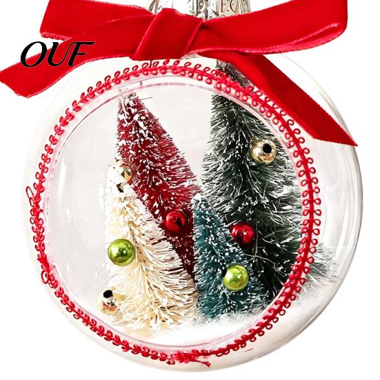 Winter Fairy Tale Hanging Decor Opening Christmas Ball Ornament with Bow, Tree Reindeer Snow Scene Micro Landscape Inside Clear Ball, Xmas Sphere