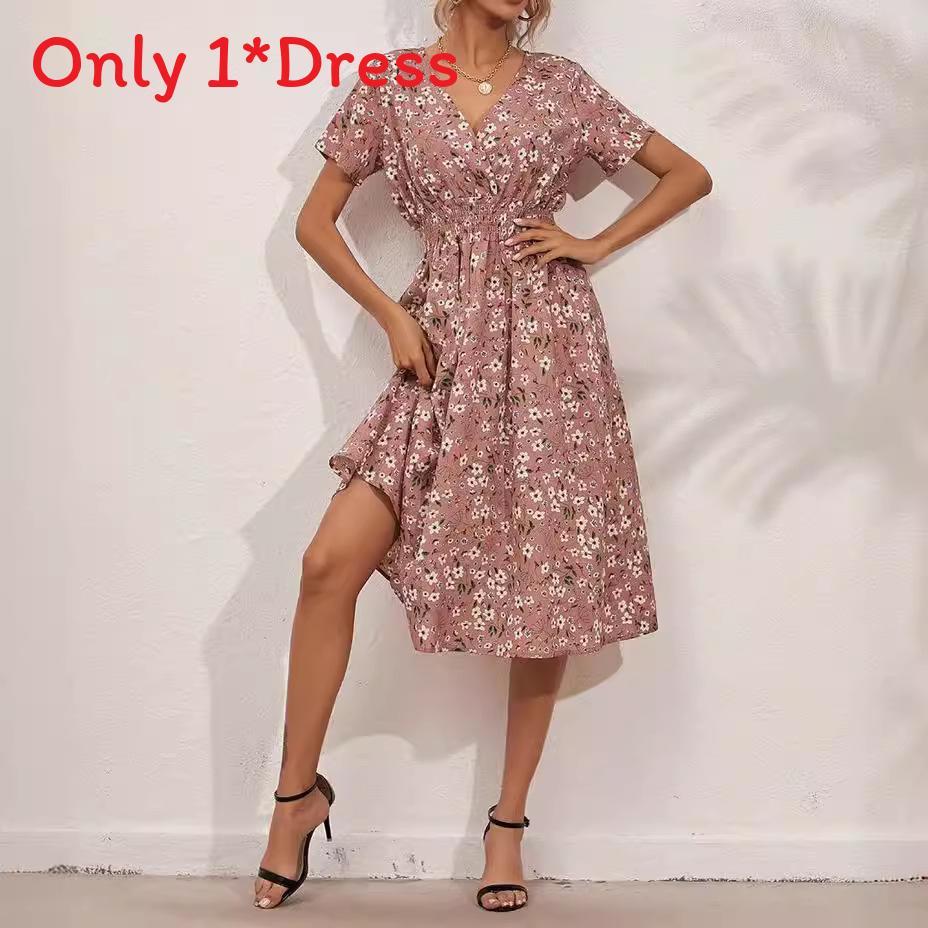 Polyester Floral Print A Line Dress With V Neck For Summer Casual Women