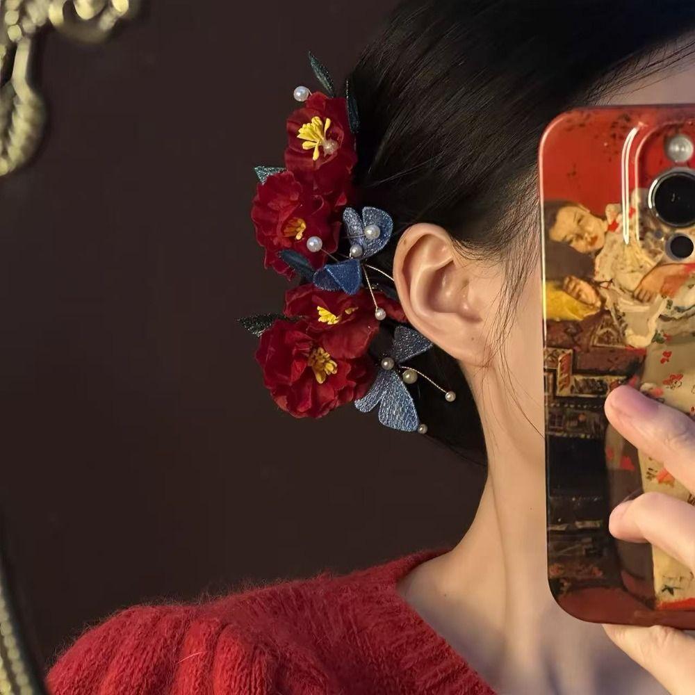 Pearl Wooden Hair Stick Tassel Hanfu Hairpin Classical Red Flower Hair Clip  Hair Chopstick