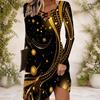Women s Criss Cross V Neck Long Sleeve Printed Dress Black Blue Green Mandala Curved Hem