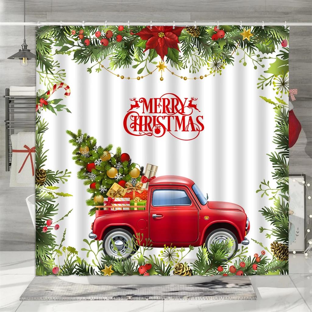 unframed Christmas Shower Curtain, Winter Snowman Father Christmas Farmhouse Truck Snowflake Christmas Tree Red Bird Bathroom De
