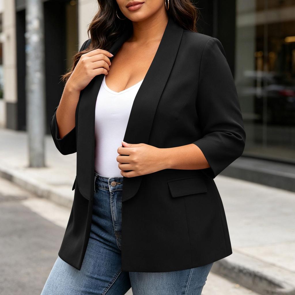 Women's Plus Size Color Casual with Lapel, Padded Shoulders, Three-Quarter Sleeves and Pockets