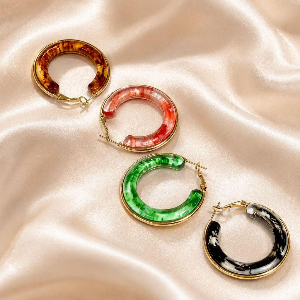 Low Saturation Minimalist Retro Round Hoop Earrings - Stainless Steel & Multi-color Resin