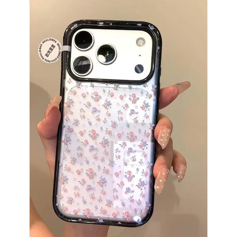 

Эстетичный полноэкранный розово-фиолетовый цветочный чехол для Apple 17Pro, 16Pro, 15P, 14 матовый с черной рамкой акриловый Apple 17 Pro