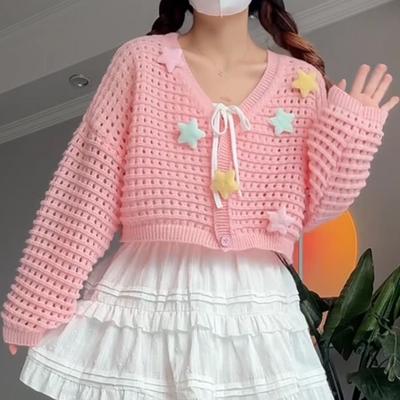 Sweet Casual Sweater Women Solid V-neck Long Sleeve Knitted Cardigan Women Fashion Loose Vintage Cardigans Star Hollow Out Short Knitwear Coat 31028