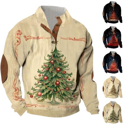 Christmas Print 3-button - Men's Stand Up Collar Sweatshirt, Outdoor Casual Hoodie With Buckle