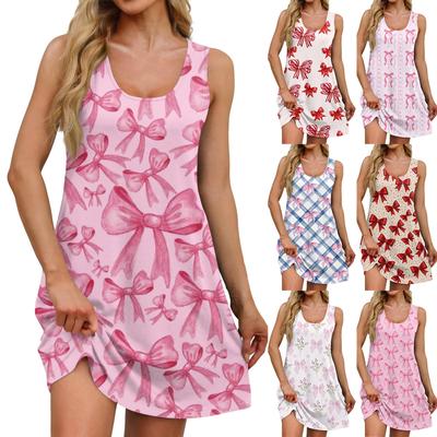 Women's Casual Printed U-Neck Vest Dress With Side Pockets