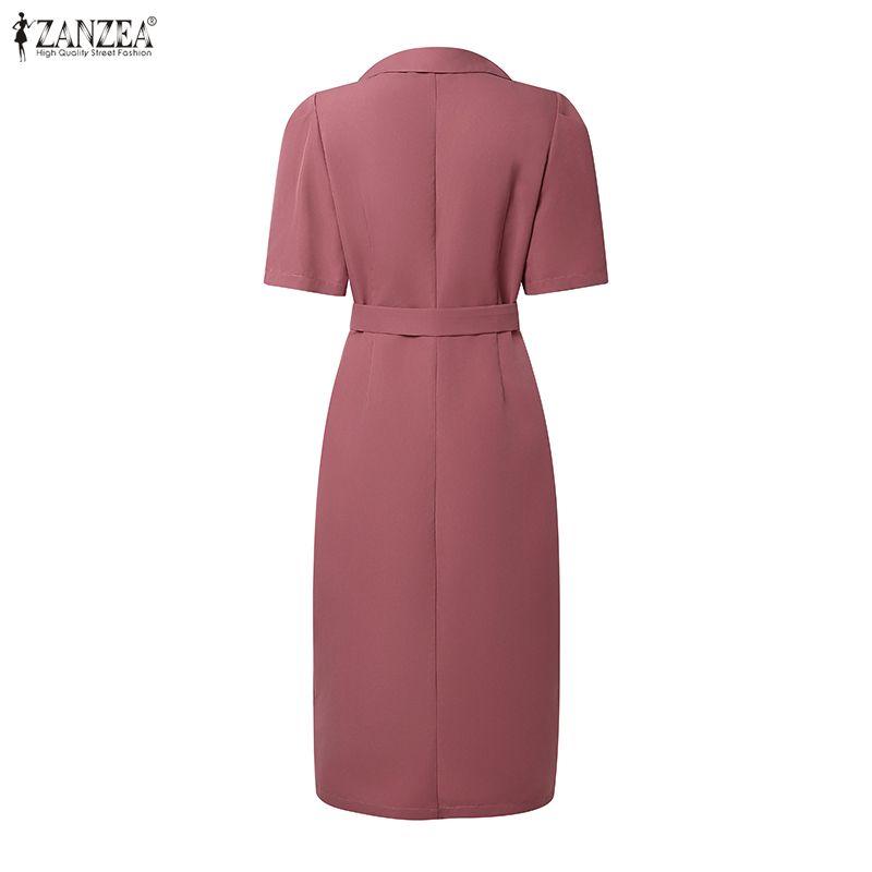 ZANZEA Women Casual Turn Down Collar Short Sleeve Sheath Dress