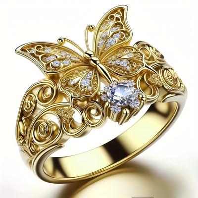 Exquisite and Elegant Butterfly Flower Ring for Women, Set with Bright Zircon Vintage Jewelry, Holiday Anniversary Party Gift