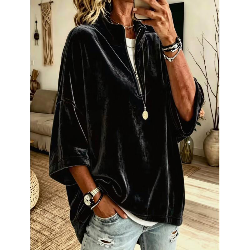 Womens Relaxed Half-Zip Fleece Pullover Sweatshirt 7/8 Sleeve Solid Color Casual Top