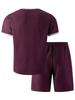 Men's V-Neck Solid Color Waffle Short Sleeve T-shirt & Shorts Set – Breathable, Loose Fit.