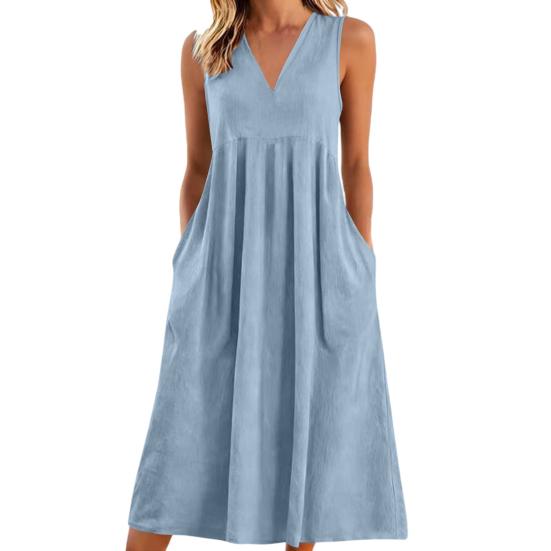 Rochie casual de vară din in pentru femei, fără mâneci, cu decolteu în V, rochie de soare lejeră, croială A, tip maiou, midi, cu buzunar