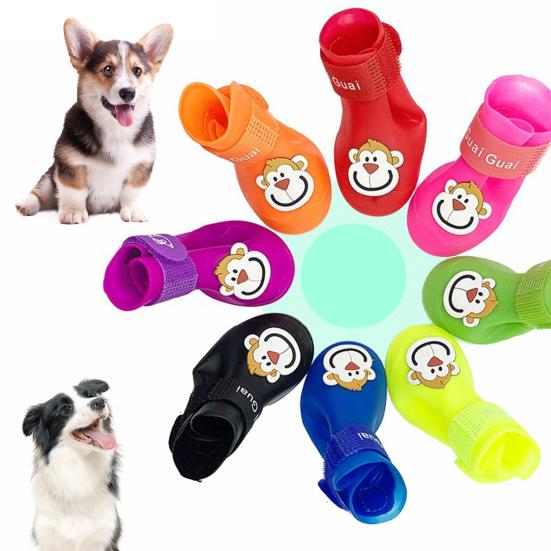 4Pcs Pet Rain Boots Monkey Print Waterproof Lightweight Cartoon Pattern Fastener Tape Dog Shoes for Outdoor