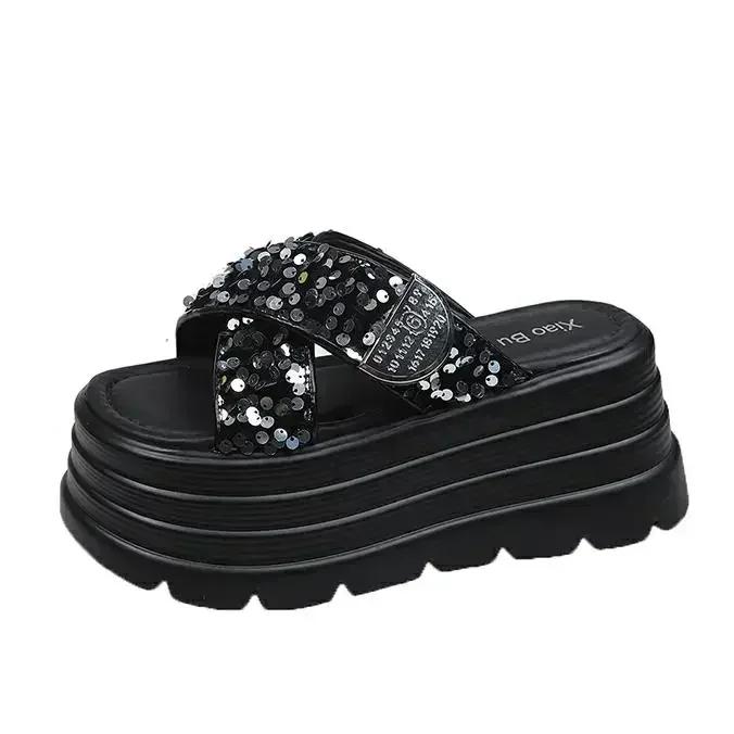 Fashion 8CM High Platform Slippers Women Summer Bling Fashion 2025 New Increase Heels Sandals Casual Muffin Flip-flops Heels Beach Shoes