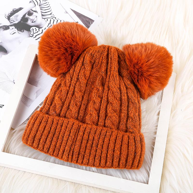 Winter Double Fur Ball Woolen Hat for Women Korean Style Solid Color Cute Fashionable Cold Proof Hat Warm Knitted Hat