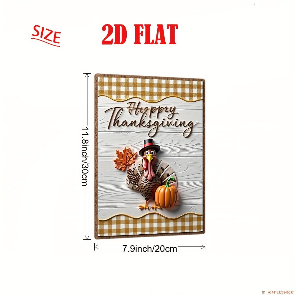 2D Flat, 1pc Vintage Turkey & Checkered Metal Thanksgiving Sign - Rustic Farmhouse Turkey with Gingham Frame - Heavy-Duty Iron