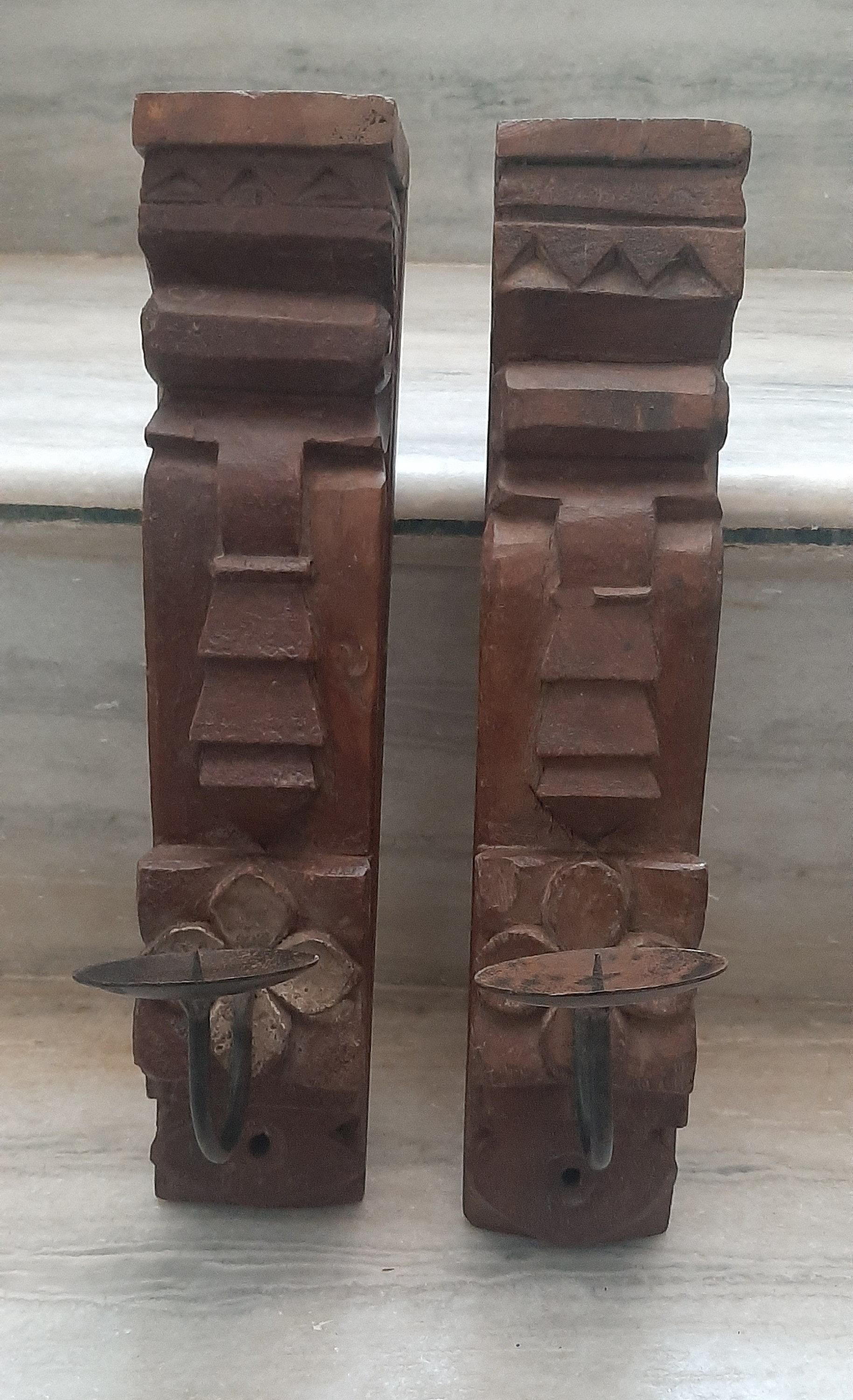 

Hand Carved Rustic Wooden Candle Holder Pair: Antique Indian Wall Decor 16” X 8” X 24” (l x w x h) разноцветный