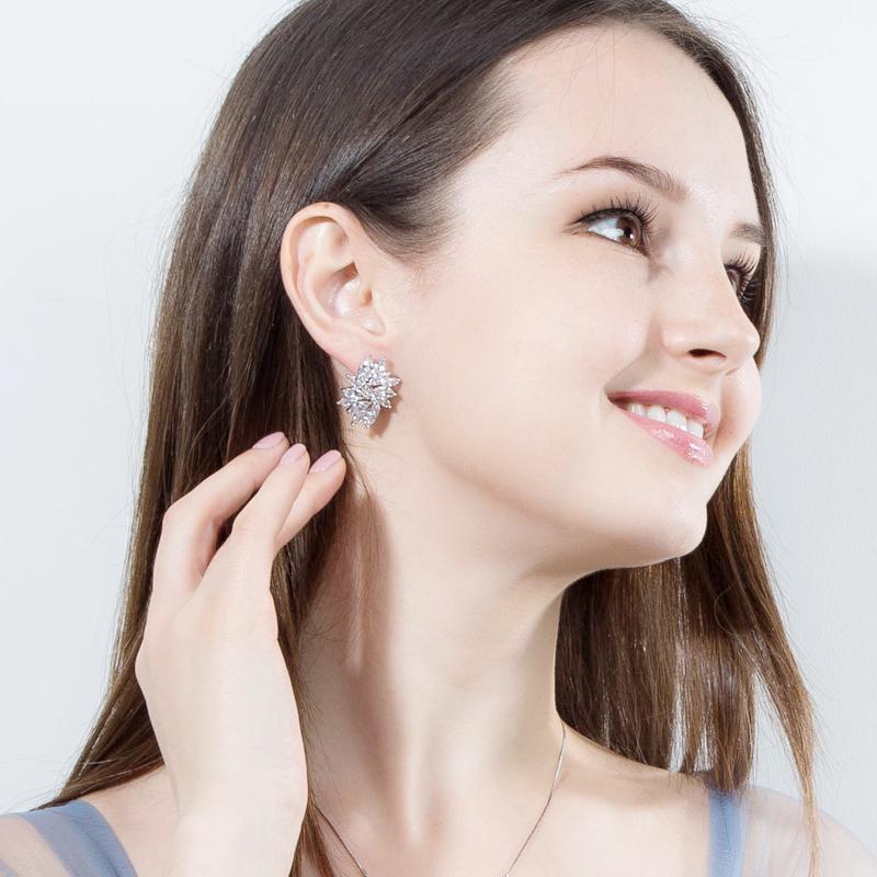 CMM Korean Style Silver Color Ice Flower Cubic Zirconia Stud Earrings
