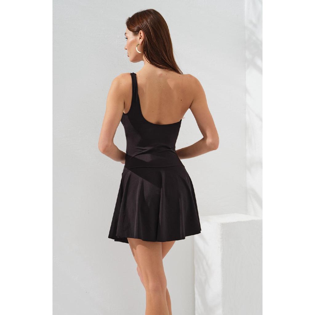 Schwarzes One-Shoulder-Kleid mit goldfarbener Schnalle für Damen, Rock, Badeanzug, Tüll, detaillierte Details, abnehmbarer Riemen, bedeckt, einfarbig