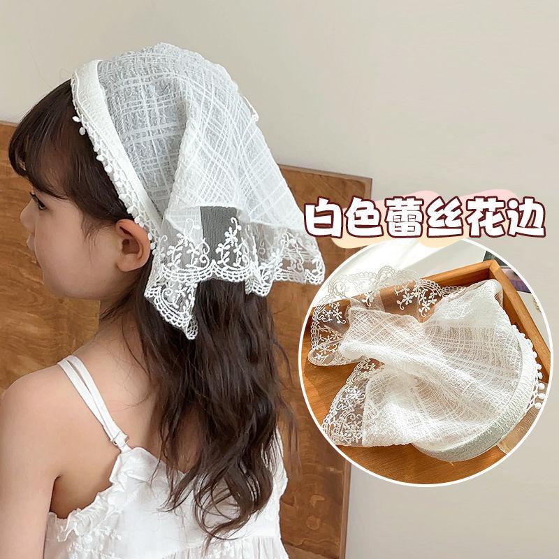 Korean Children s Color Plaid Headscarf Non-slip Headband Lace Edge Triangle Scarf Girls Baby Headband Hairpin