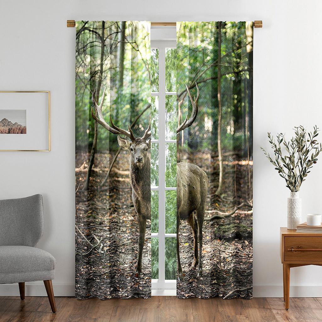 Natural Deer Animal Plant Vibrant Green Window Panel Drapes in Children Bedroom Living Room Hall Treatments Kitchen Decor Drapes Blinds