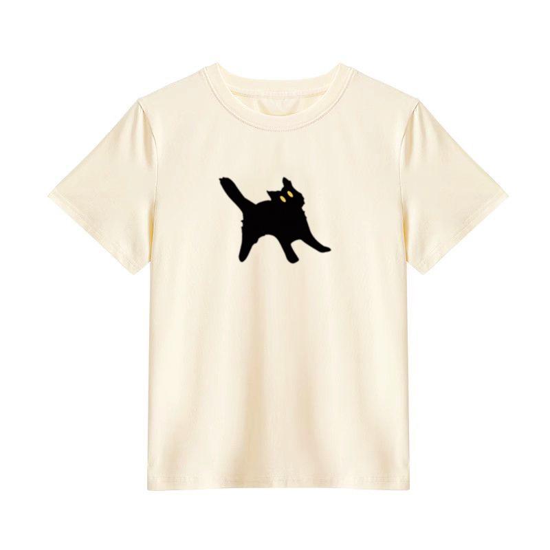 Summer new cartoon cute cat print design sense front shoulder crew neck versatile short-sleeved t-shirt women's