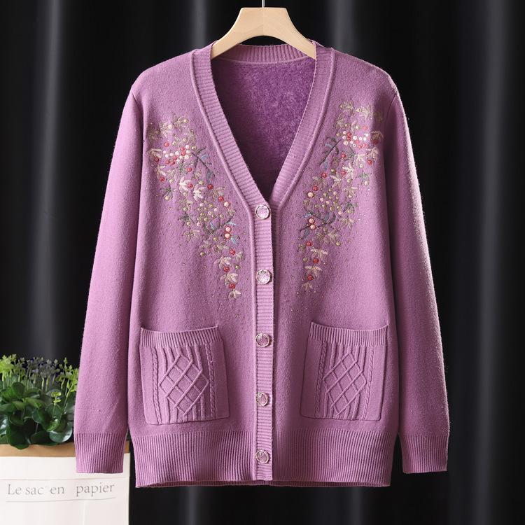 Grandma's Sweater Plus Velvet Style Middle-aged and Elderly Women's Sweater Jacket Thickened Winter Clothes Mother's Warm Clothes Thickened
