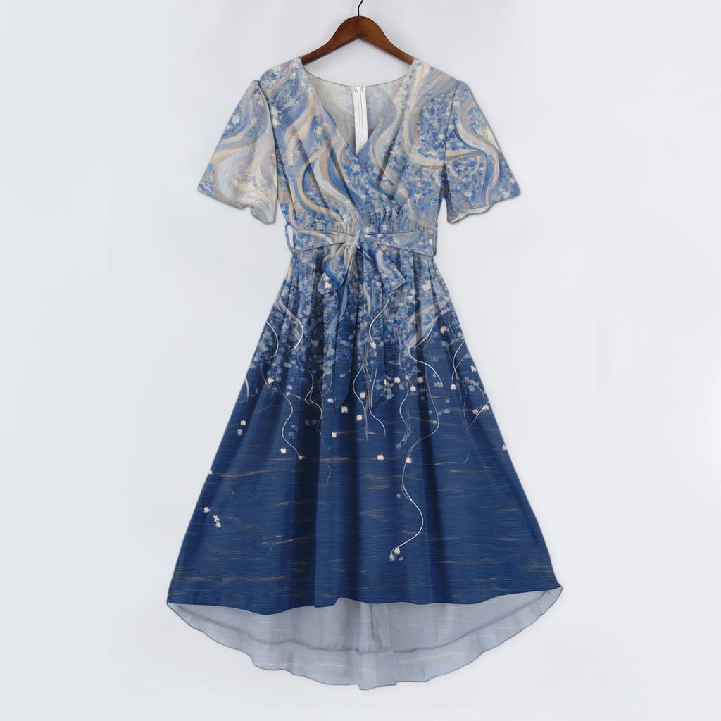 Women's Fashion Casual V Neck Short Sleeve Ruffled Vintage Printed Dresses