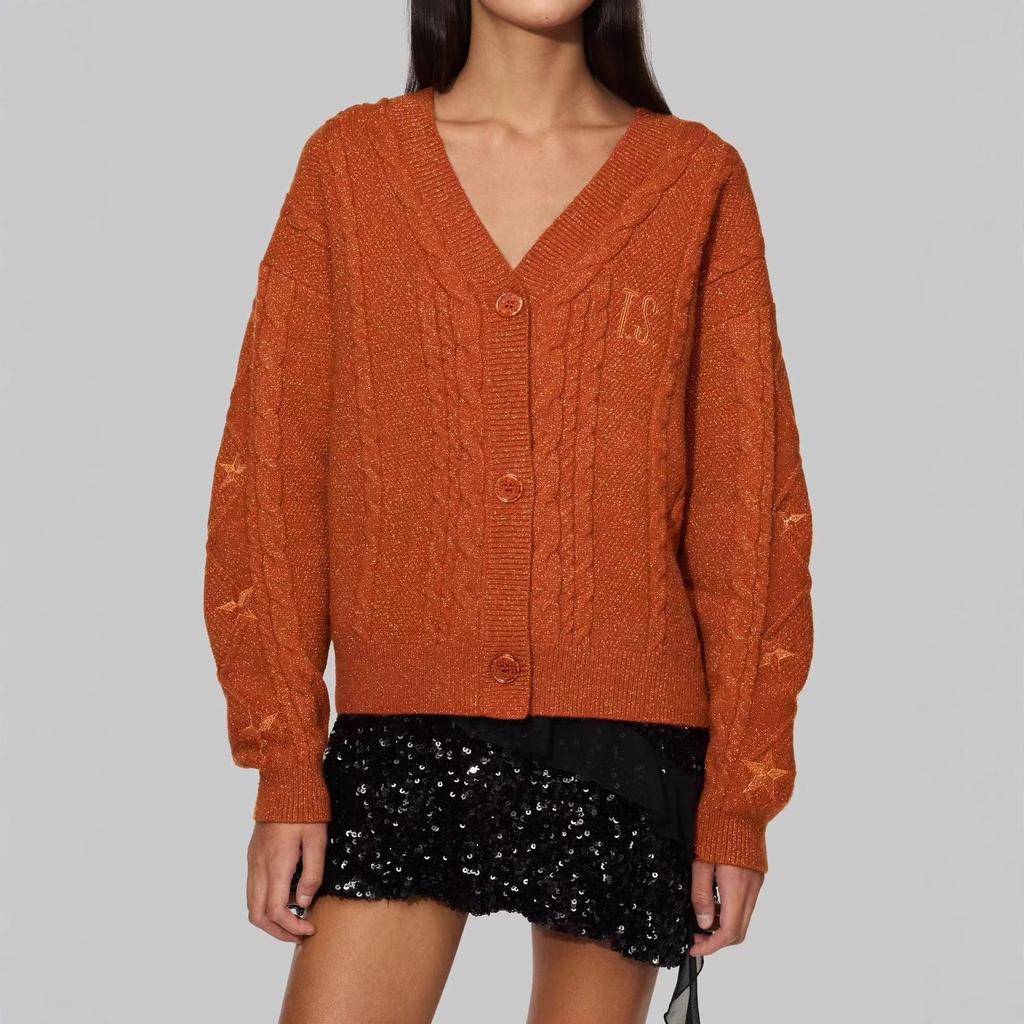 Title: Women's Orange Brown V-Neck Knit Cardigan with Twisted Cable Pattern