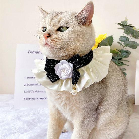 Cat Collar Elegant Camellia Fake Pearl Decor Pleated Pet Cats Dogs Bowknot Neckerchief for Daily Collocation
